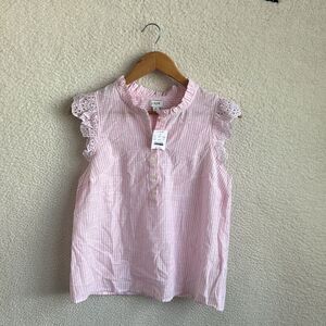 J. Crew Pink and White Striped Lace-Sleeve Sleeveless Blouse